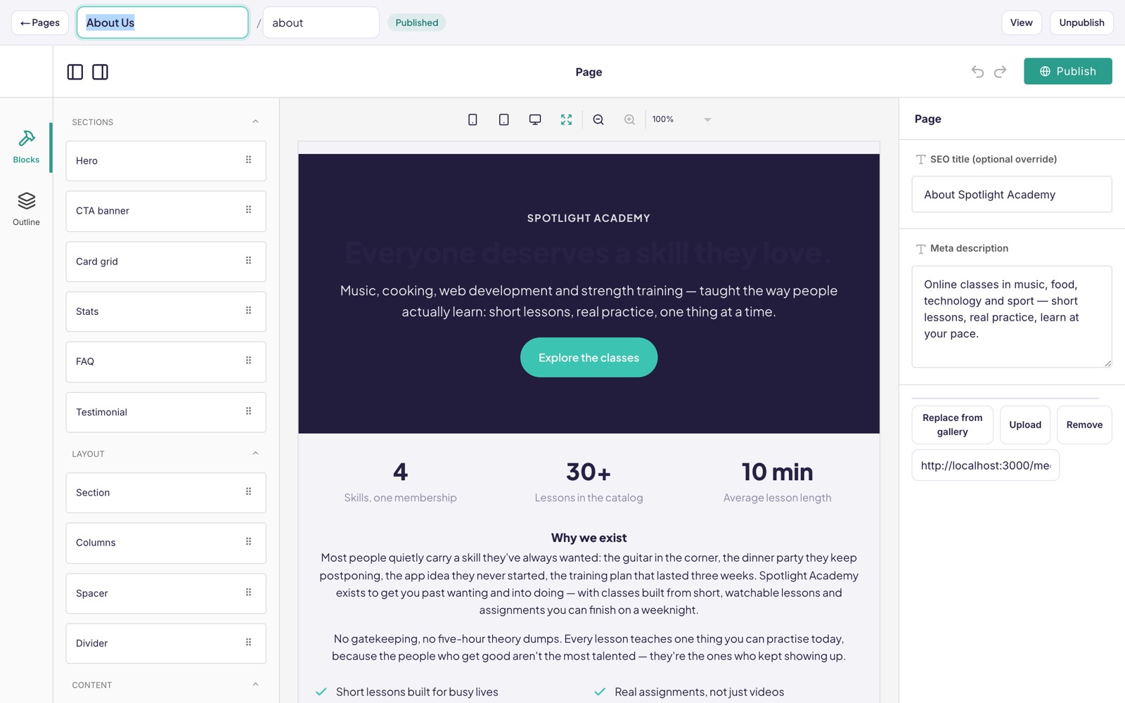 Drag-and-drop page builder (Puck)